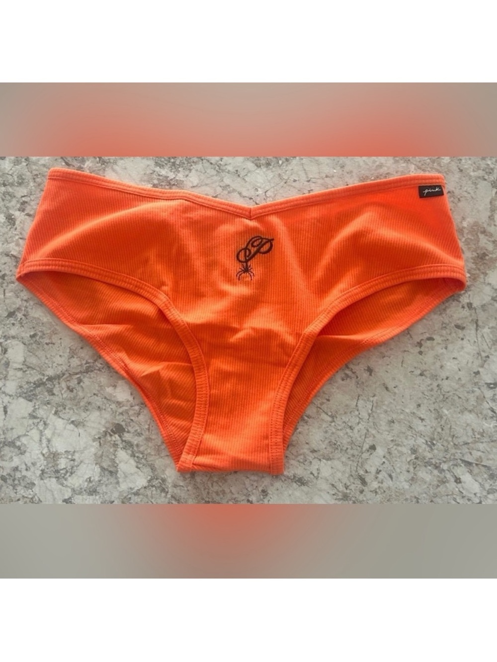 VS PINK Halloween Spider Panty Ribbed Cotton Orange  Cheekster Large NWT